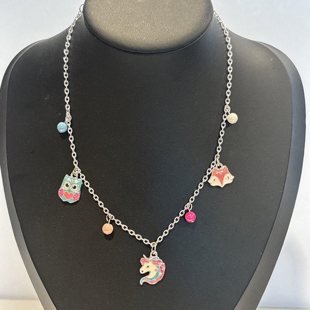 Claire's Y2K Charm Necklace Unicorn Owl Fox Enamel Silver Tone Kidcore 16"